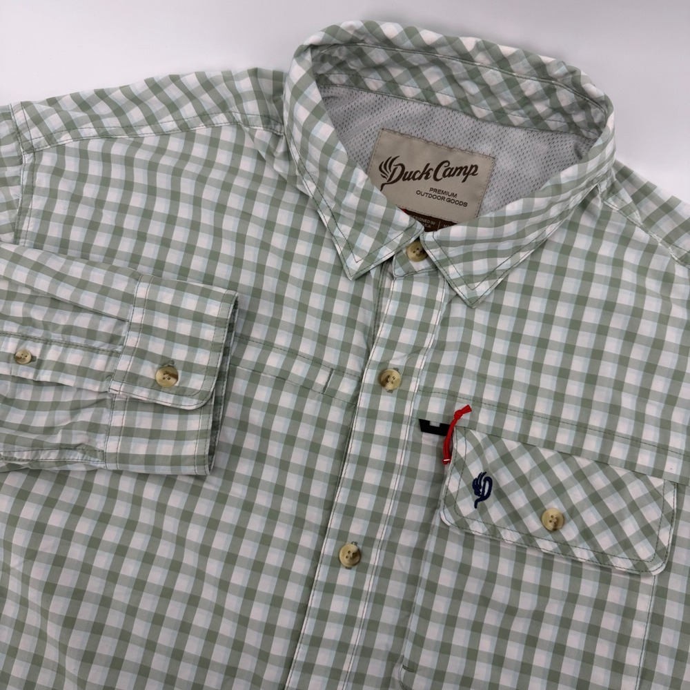 Duck Camp‎ Fishing Shirt Mens XXL Green Gingham Vented Long Sleeve Button Up